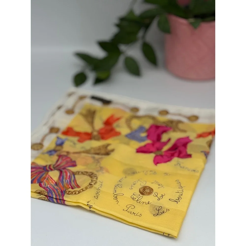 Vintage Celine Paris Silk Scarf Yellow Pink Bows Eiffel Tower Paris print 18